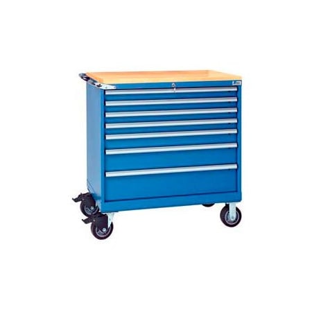 Lista International Lista 7 Drawer 40-1/4" Shallow Depth Mobile Cabinet w/Butcher Top-Bright Blue, No Lock XSHS0750-0701M-BTBBNL